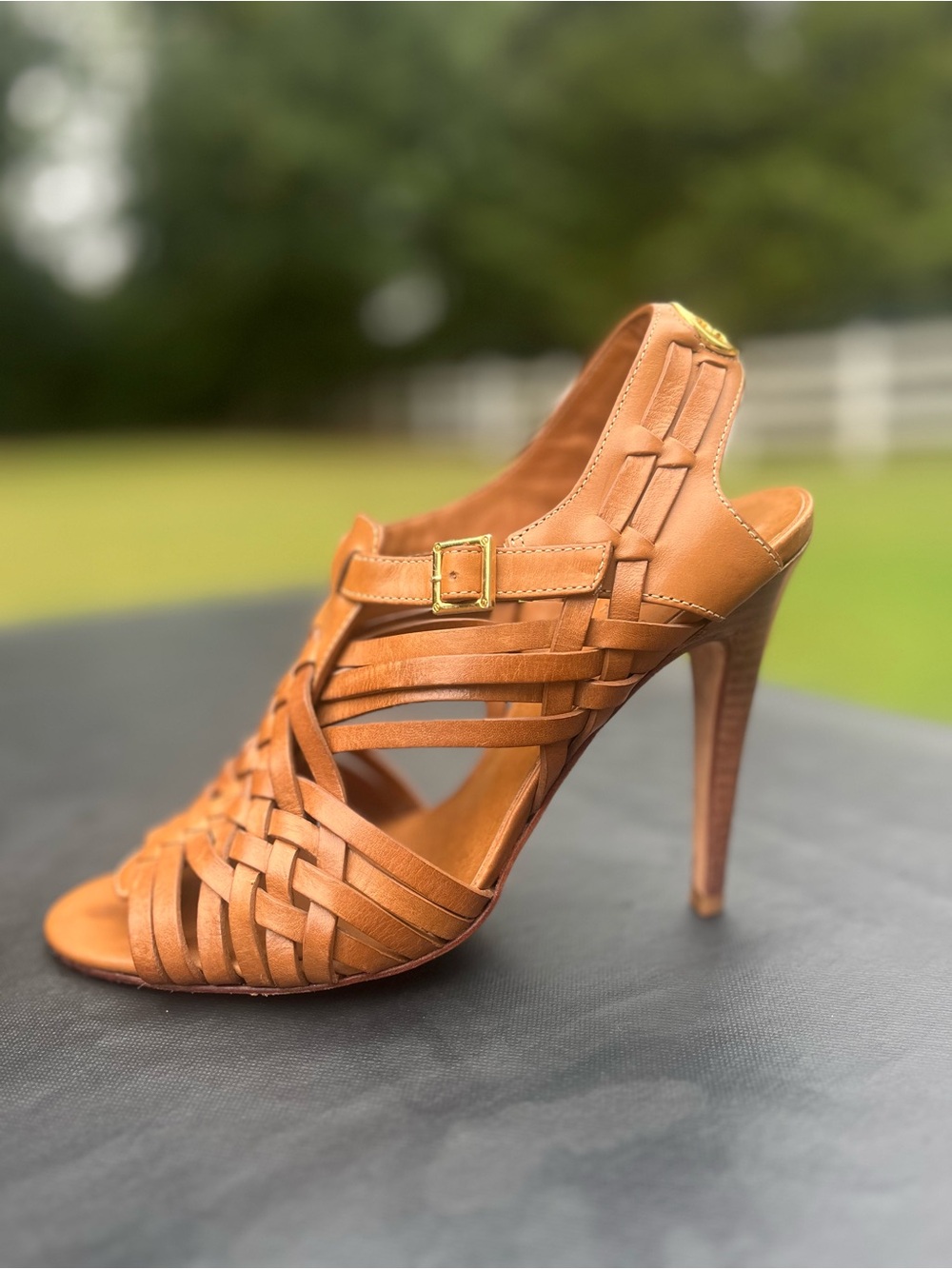 Tory Burch Kelton Woven Leather Cage Heels 7.5 Royal Tan 4” Stiletto